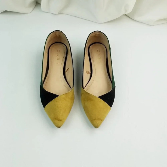 Zara Trafaluc Sz 37 (US 7-7.5) Dijon Yellow Black Green Suede Pointed Toe Flats - Picture 9 of 12